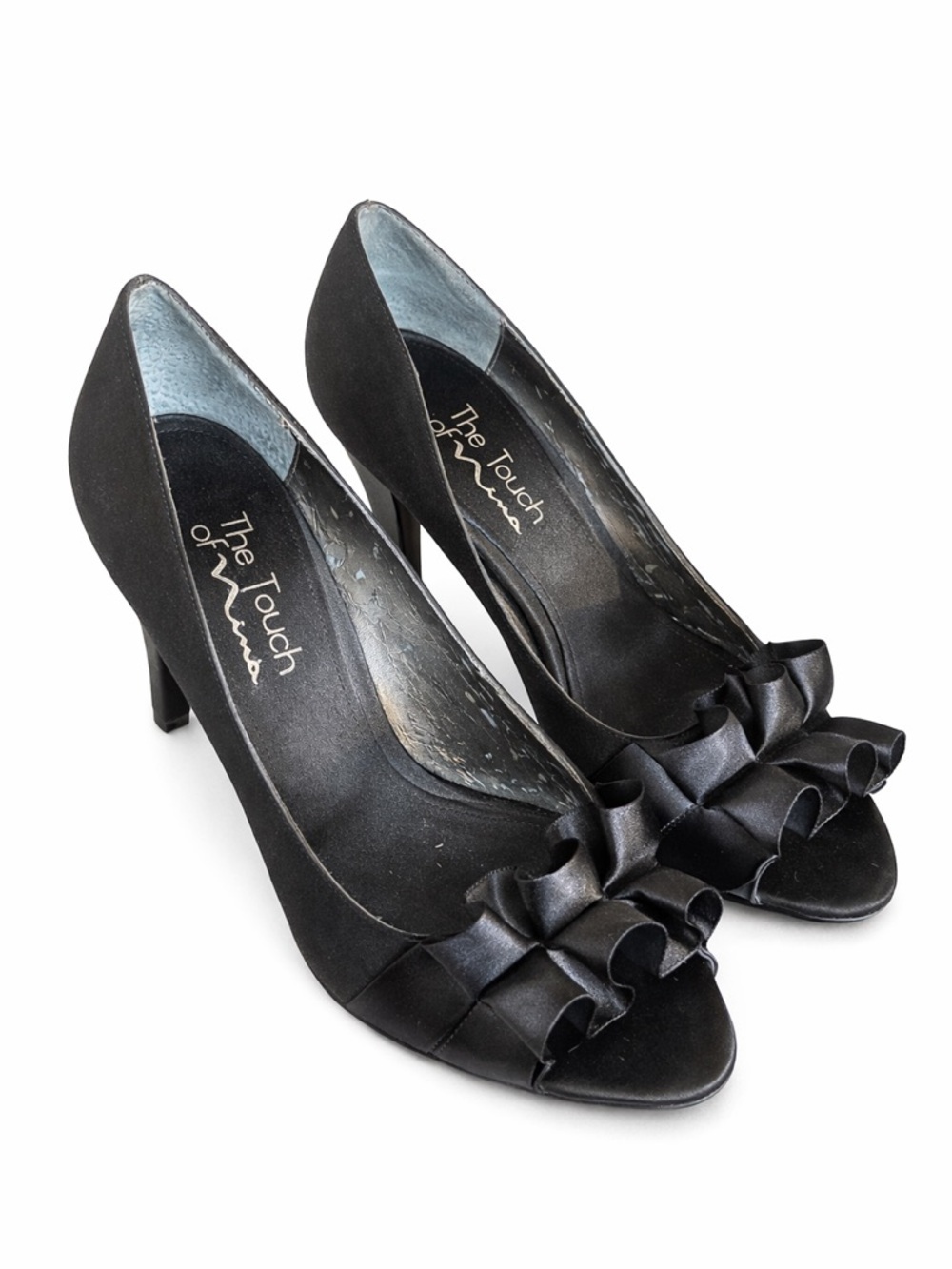 Nina Fencel Satin Peep Toe Heels Women’s 7.5M Black Ruffle Pumps